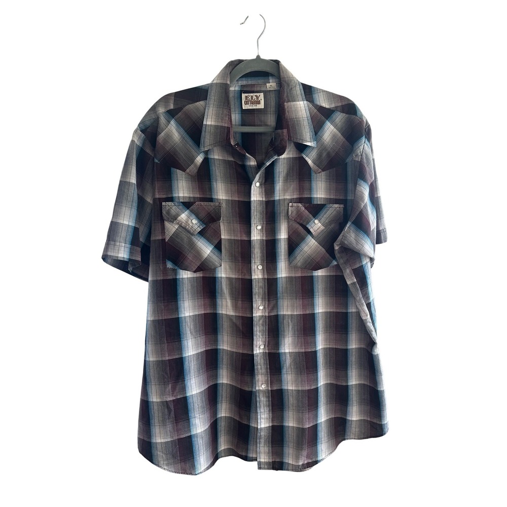 Ely Cattleman Mens XL Plaid Western Pearl‎ Snap Short Sleeve Shirt Brown Blue